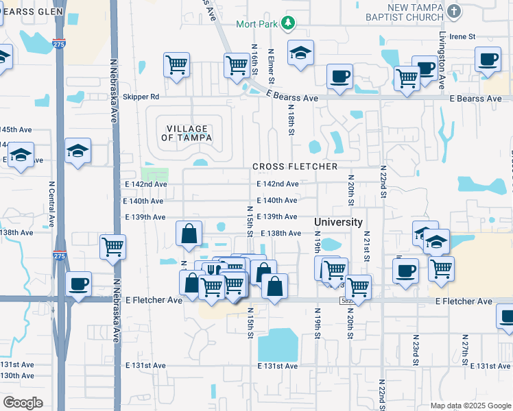 map of restaurants, bars, coffee shops, grocery stores, and more near 13909 North 15th Street in Tampa