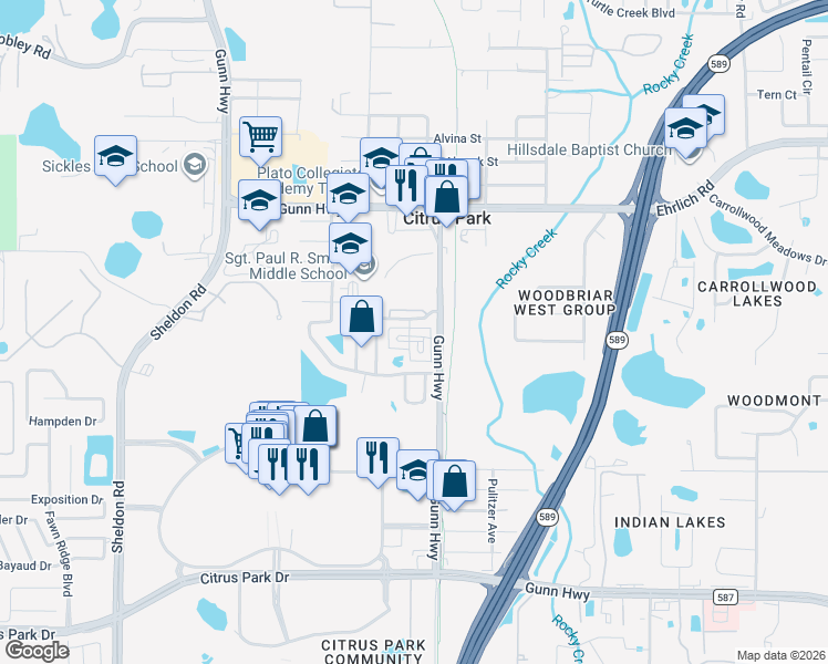 map of restaurants, bars, coffee shops, grocery stores, and more near 7449 Arlington Grove Circle in Tampa