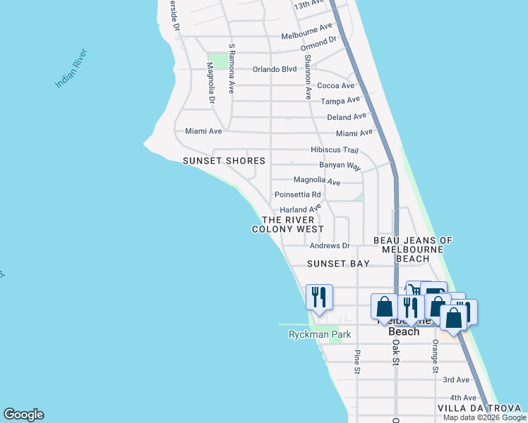 map of restaurants, bars, coffee shops, grocery stores, and more near 410 Riverside Drive in Melbourne Beach