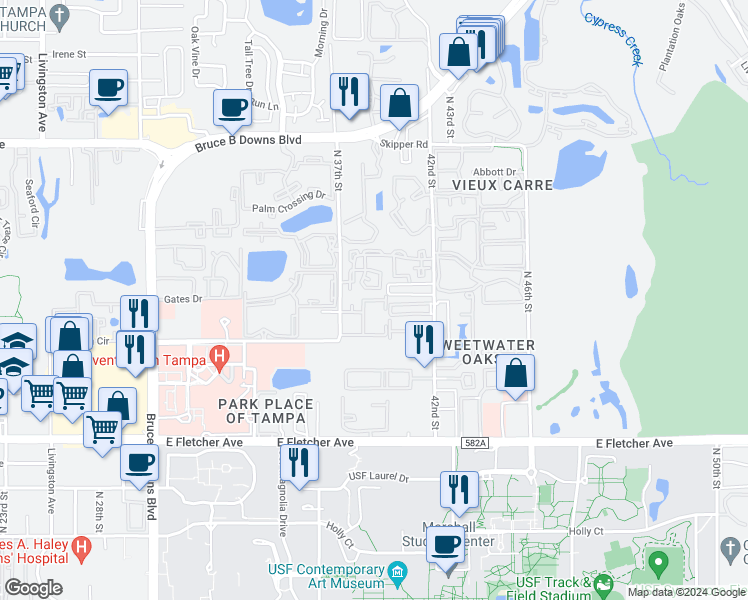 map of restaurants, bars, coffee shops, grocery stores, and more near 3831 Gazebo Pond Lane in Tampa