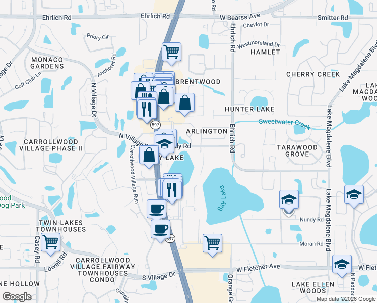map of restaurants, bars, coffee shops, grocery stores, and more near 3334 Handy Road in Tampa