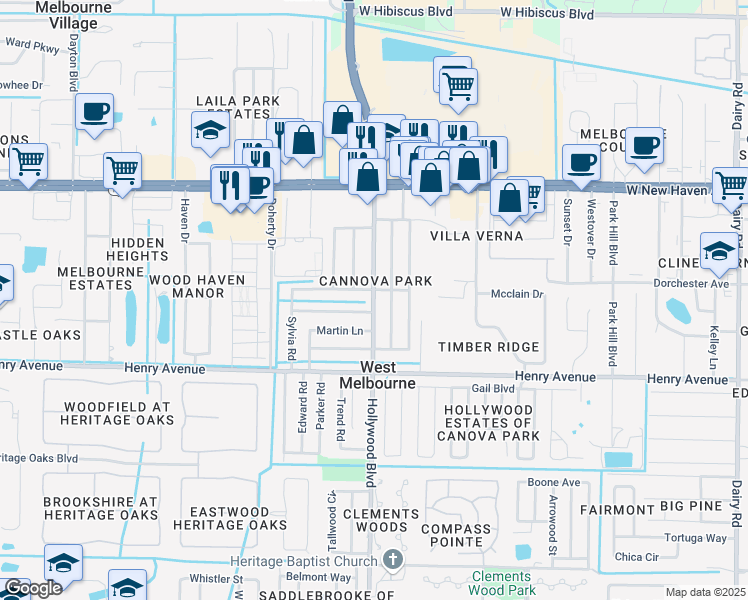 map of restaurants, bars, coffee shops, grocery stores, and more near 192 Hollywood Boulevard in West Melbourne