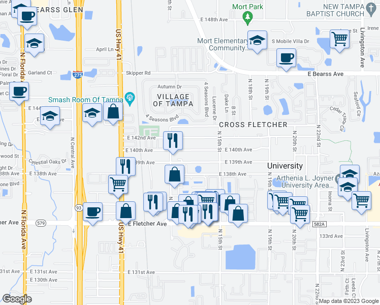 map of restaurants, bars, coffee shops, grocery stores, and more near 1213 East 140th Avenue in Tampa