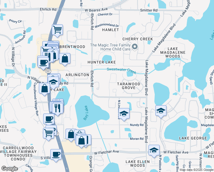 map of restaurants, bars, coffee shops, grocery stores, and more near 13606 Westshire Drive in Tampa