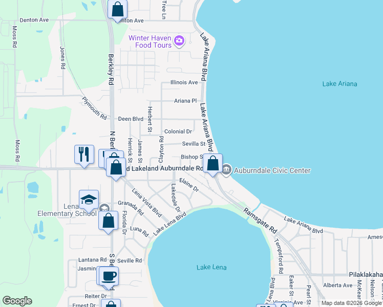 map of restaurants, bars, coffee shops, grocery stores, and more near 112 Bishop Street in Auburndale