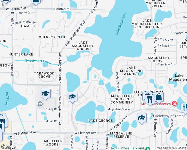 map of restaurants, bars, coffee shops, grocery stores, and more near 13695 Orange Sunset Drive in Tampa