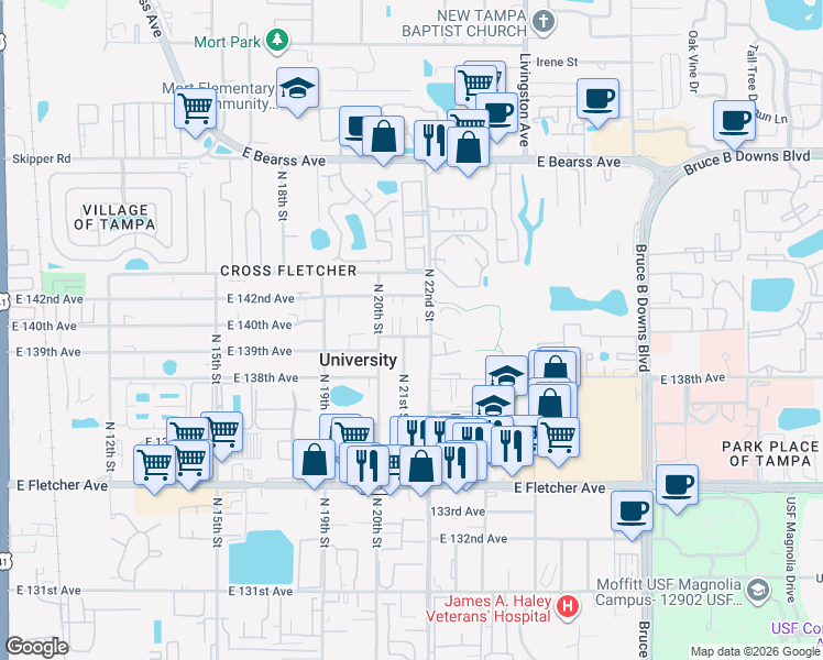 map of restaurants, bars, coffee shops, grocery stores, and more near 2024 East 140th Avenue in Tampa