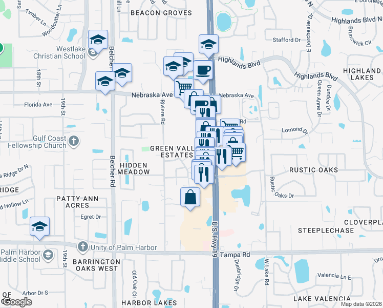 map of restaurants, bars, coffee shops, grocery stores, and more near 2357 Walton Circle in Palm Harbor