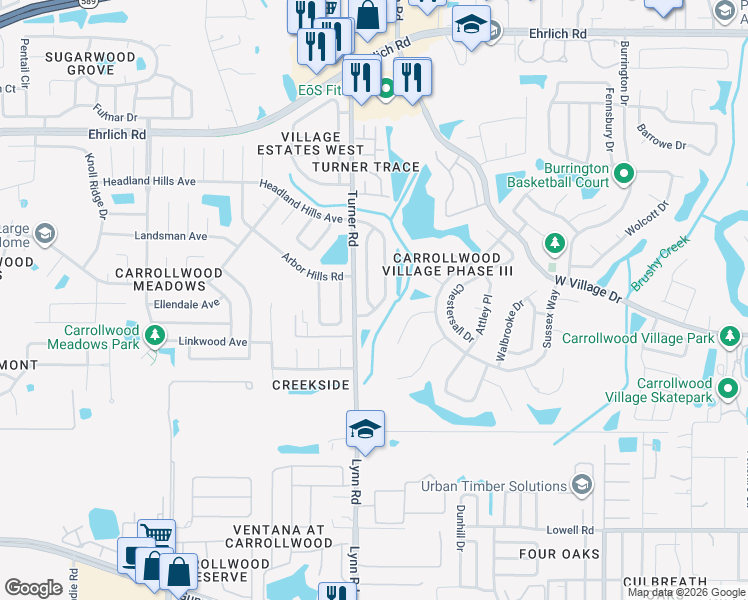 map of restaurants, bars, coffee shops, grocery stores, and more near 13923 Village View Drive in Tampa