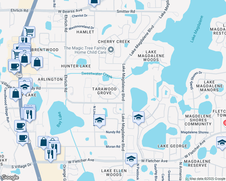 map of restaurants, bars, coffee shops, grocery stores, and more near 13706 Wilkes Drive in Tampa