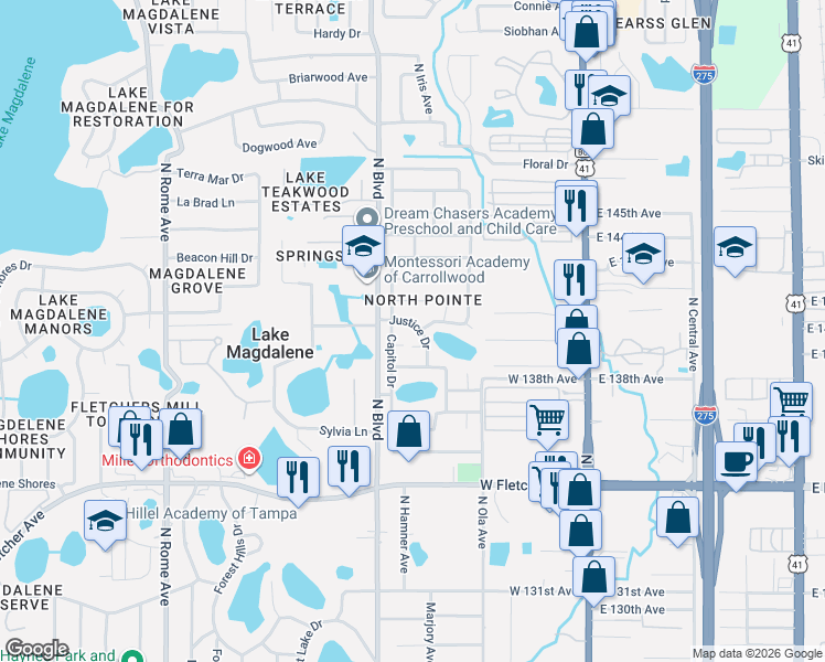 map of restaurants, bars, coffee shops, grocery stores, and more near 505 Justice Drive in Tampa