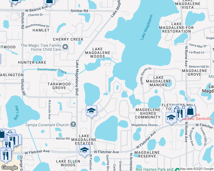 map of restaurants, bars, coffee shops, grocery stores, and more near 13701 Juniper Blossom Drive in Tampa