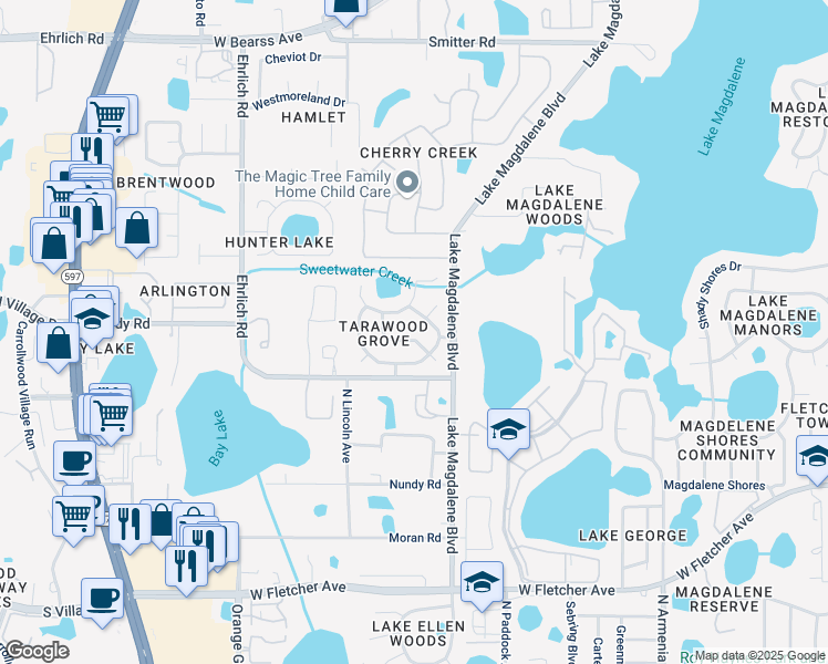 map of restaurants, bars, coffee shops, grocery stores, and more near 13706 Wilkes Drive in Tampa