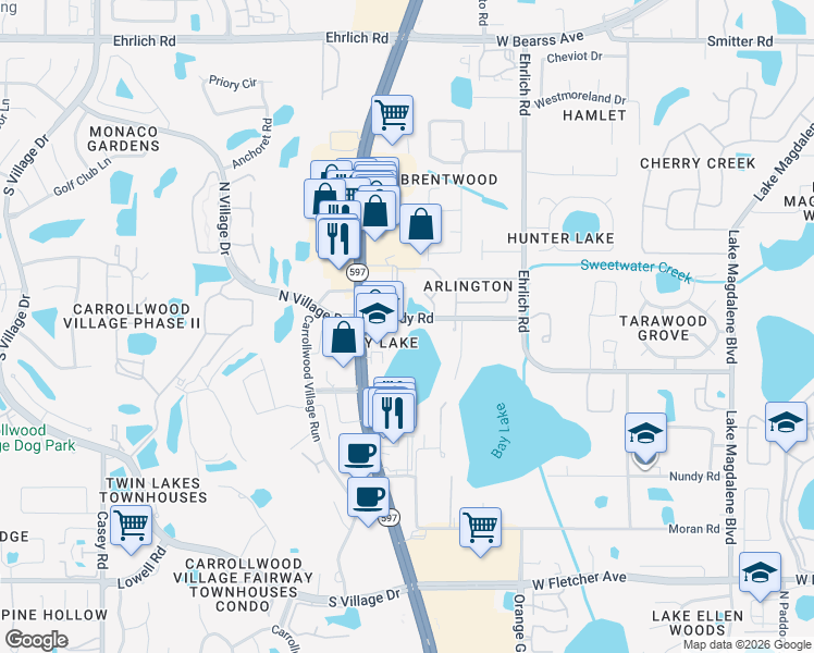 map of restaurants, bars, coffee shops, grocery stores, and more near 3334 Handy Road in Tampa