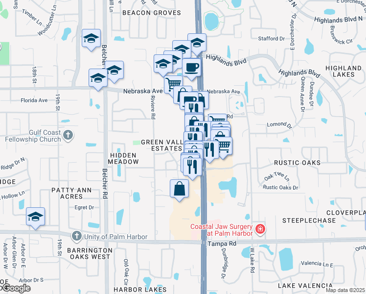 map of restaurants, bars, coffee shops, grocery stores, and more near 33180 US Highway 19 North in Palm Harbor