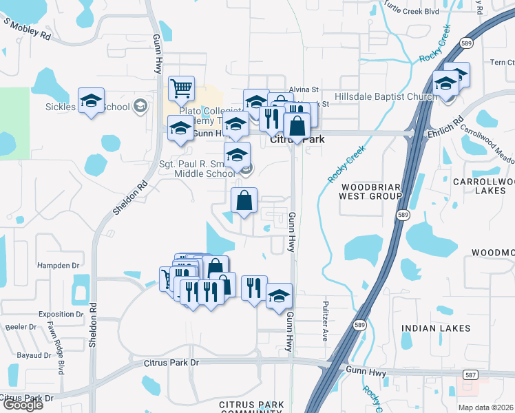 map of restaurants, bars, coffee shops, grocery stores, and more near 14045 Lemon Valley Place in Tampa