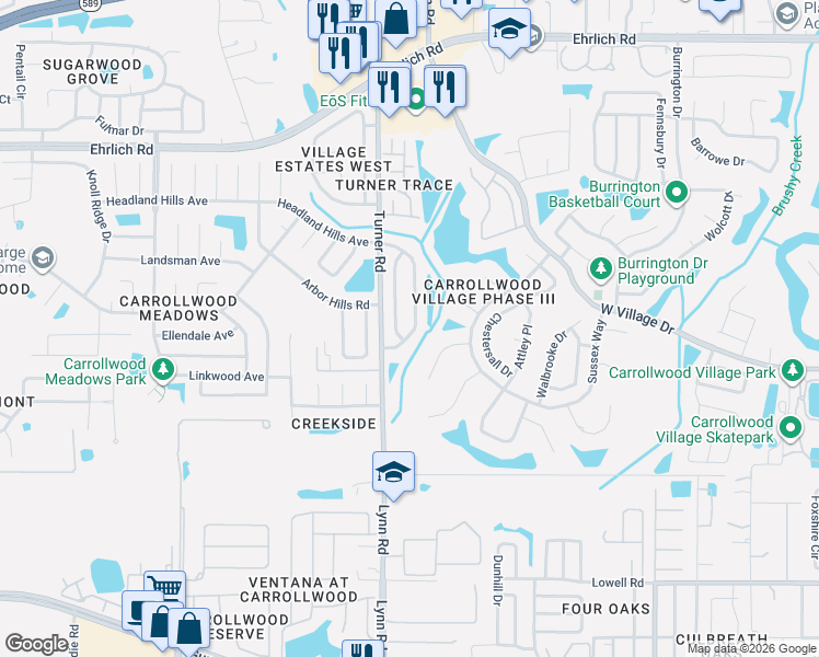 map of restaurants, bars, coffee shops, grocery stores, and more near 13923 Village View Drive in Tampa