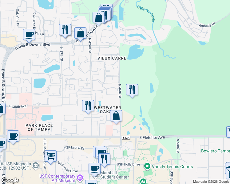 map of restaurants, bars, coffee shops, grocery stores, and more near 14107 Mossy Glen Lane in Tampa