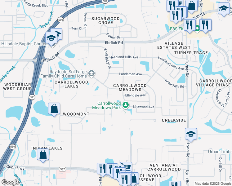 map of restaurants, bars, coffee shops, grocery stores, and more near 5205 Ripple Creek Drive in Tampa