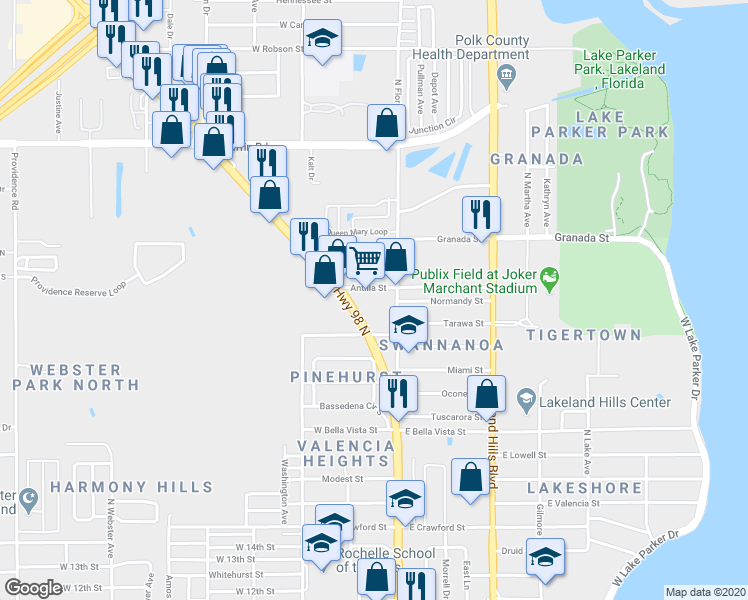 map of restaurants, bars, coffee shops, grocery stores, and more near 2335 US Highway 98 North in Lakeland