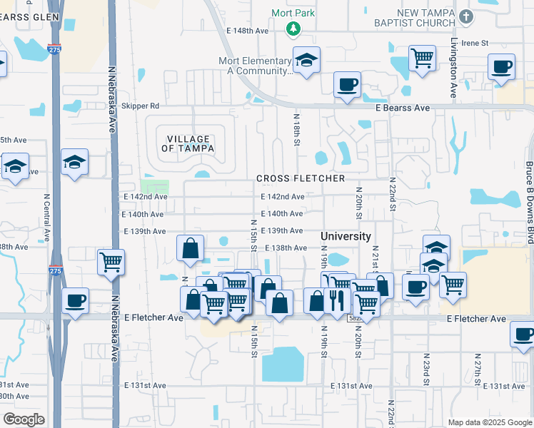 map of restaurants, bars, coffee shops, grocery stores, and more near 1520 East 139th Avenue in Tampa