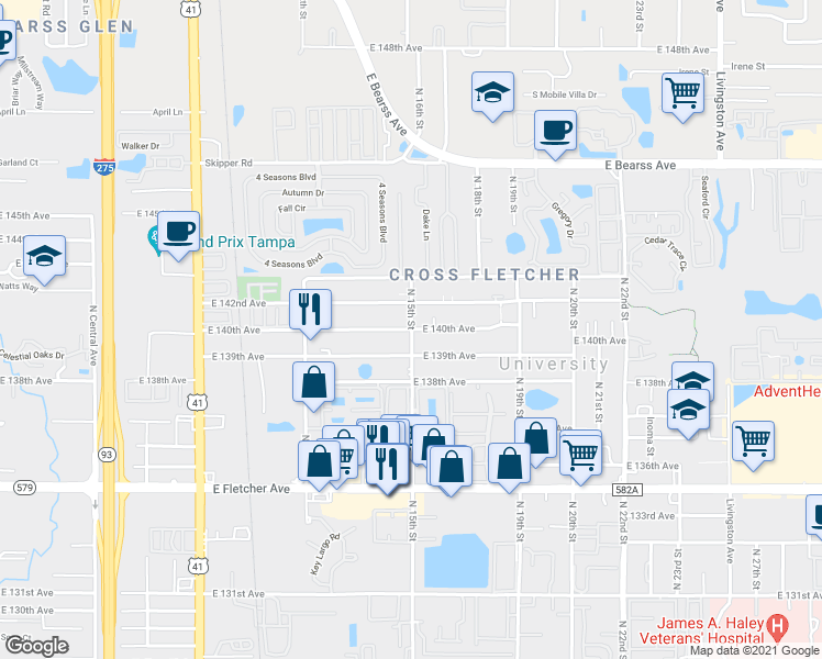 map of restaurants, bars, coffee shops, grocery stores, and more near 1450 East 139th Avenue in Tampa