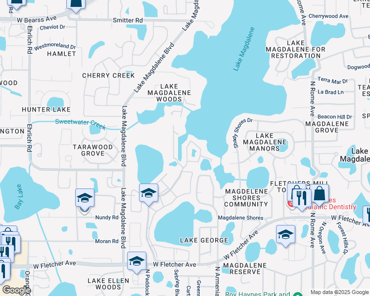 map of restaurants, bars, coffee shops, grocery stores, and more near 13832 Orange Sunset Drive in Tampa