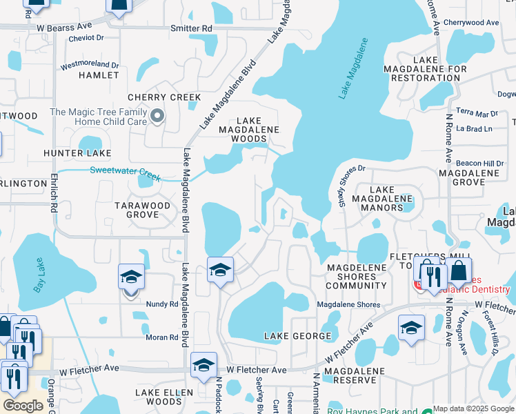 map of restaurants, bars, coffee shops, grocery stores, and more near 13701 Juniper Blossom Drive in Tampa
