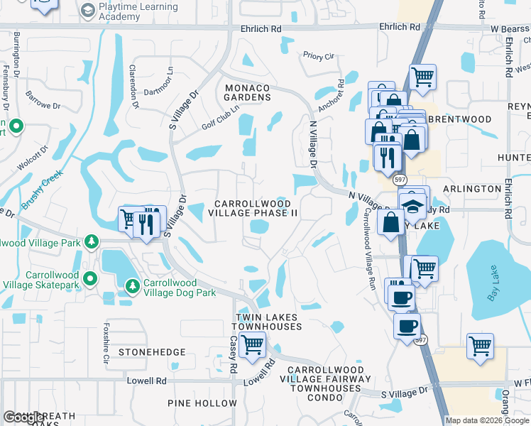 map of restaurants, bars, coffee shops, grocery stores, and more near 4221 Arborwood Lane in Tampa