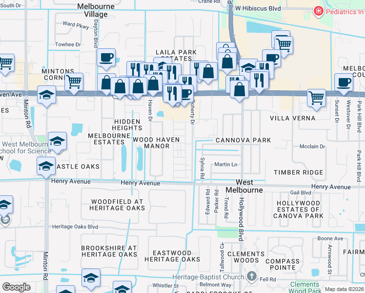 map of restaurants, bars, coffee shops, grocery stores, and more near 2255 Friday Court in West Melbourne