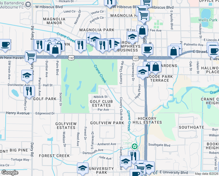 map of restaurants, bars, coffee shops, grocery stores, and more near 2319 Saint Andrews Circle in Melbourne