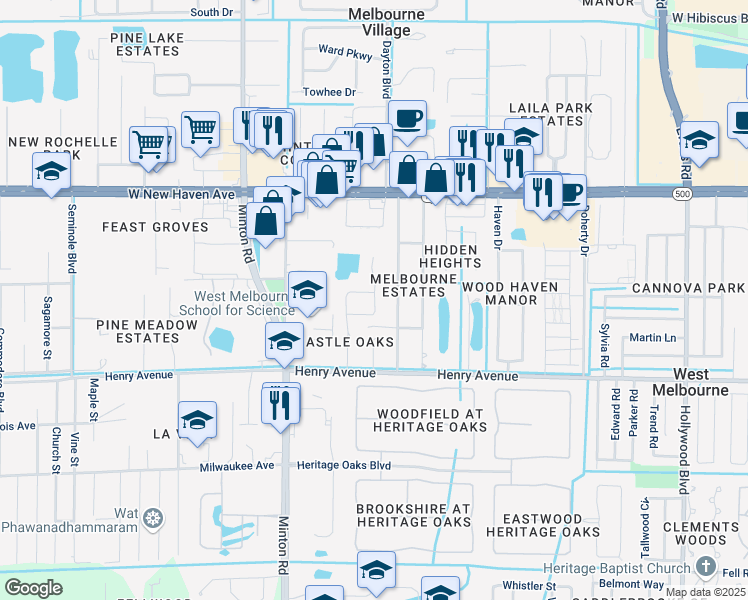map of restaurants, bars, coffee shops, grocery stores, and more near 141 Athey Court in West Melbourne