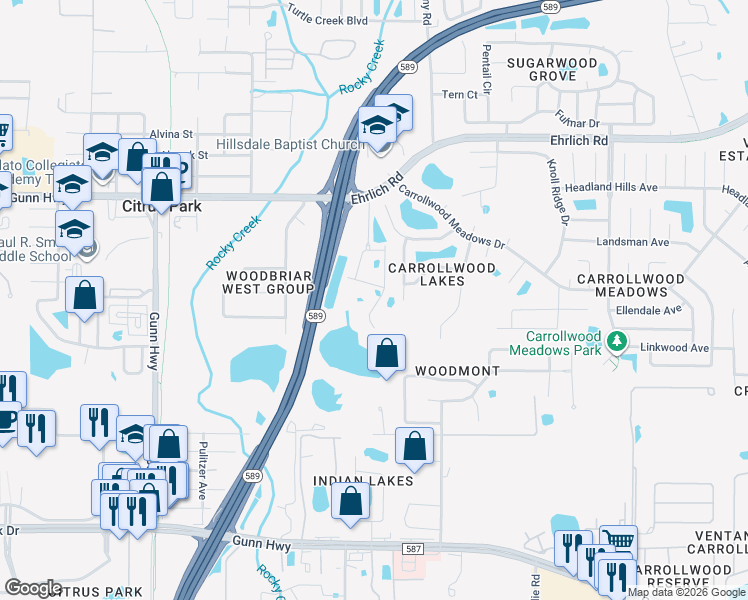 map of restaurants, bars, coffee shops, grocery stores, and more near 14002 Fullerton Drive in Tampa
