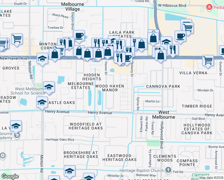map of restaurants, bars, coffee shops, grocery stores, and more near 212 Haven Drive in Melbourne