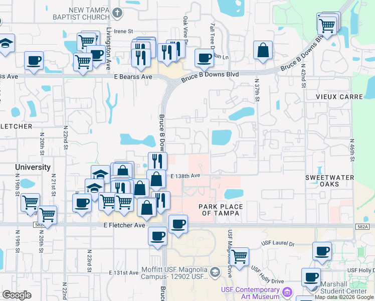 map of restaurants, bars, coffee shops, grocery stores, and more near 14011 Halstead Court in Tampa