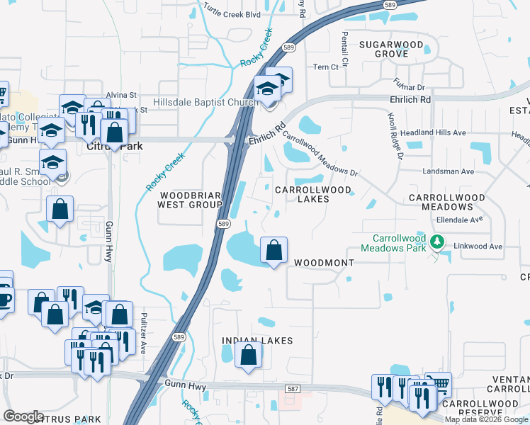 map of restaurants, bars, coffee shops, grocery stores, and more near 14002 Fullerton Drive in Tampa