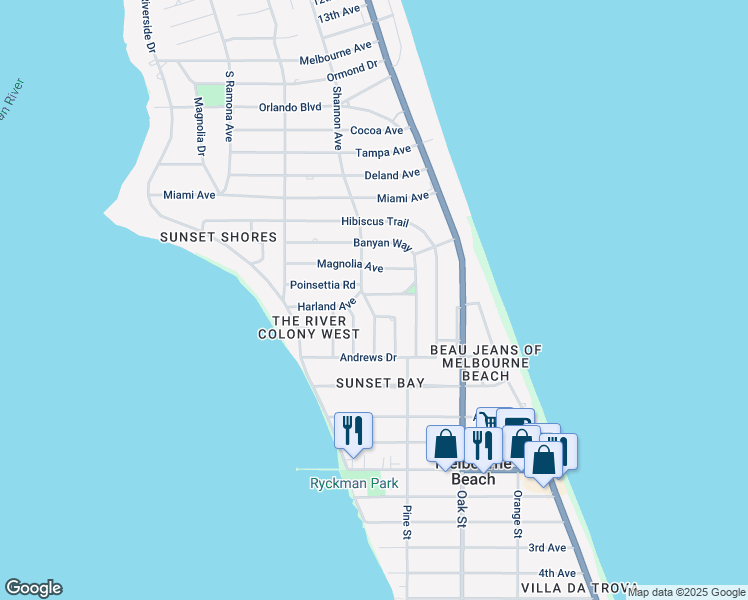 map of restaurants, bars, coffee shops, grocery stores, and more near 411 Poinsettia Road in Melbourne Beach