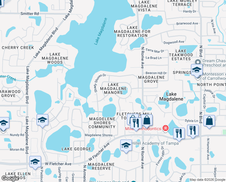 map of restaurants, bars, coffee shops, grocery stores, and more near 2007 Magdalene Manor Drive in Tampa