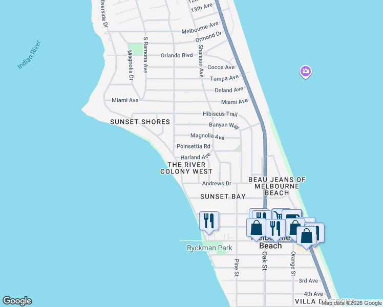 map of restaurants, bars, coffee shops, grocery stores, and more near 506 Harland Avenue in Melbourne Beach