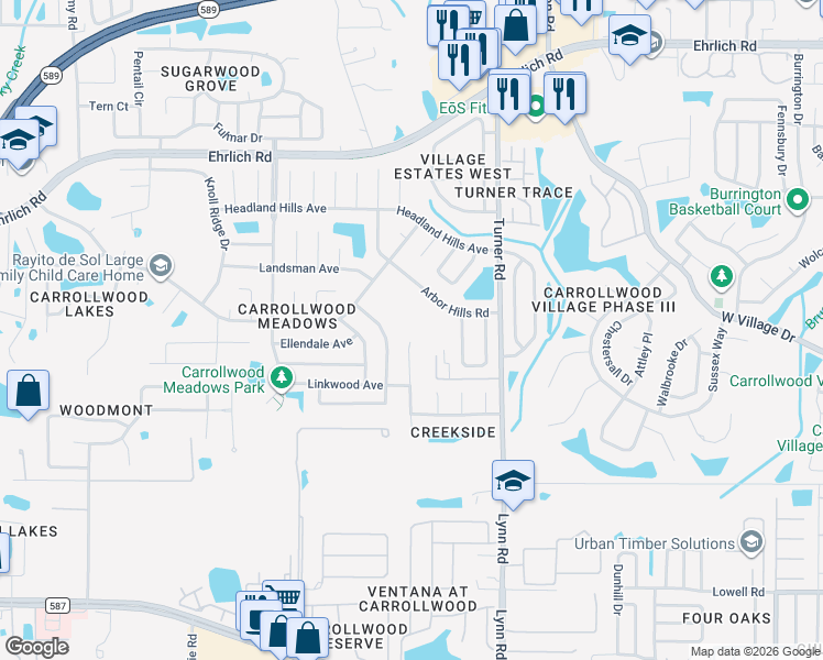 map of restaurants, bars, coffee shops, grocery stores, and more near 14124 Arbor Hills Road in Tampa