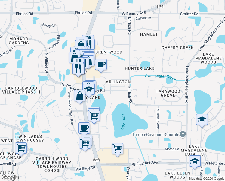 map of restaurants, bars, coffee shops, grocery stores, and more near Handy Road in Tampa