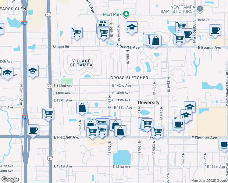 map of restaurants, bars, coffee shops, grocery stores, and more near 1509 East 142nd Avenue in Tampa