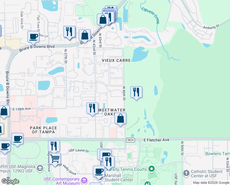 map of restaurants, bars, coffee shops, grocery stores, and more near 4411 Shady Terrace Lane in Tampa