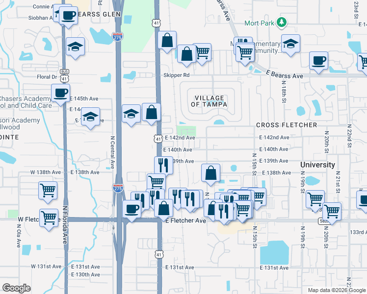 map of restaurants, bars, coffee shops, grocery stores, and more near 17a East 142nd Avenue in Tampa