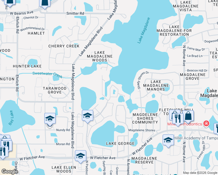 map of restaurants, bars, coffee shops, grocery stores, and more near 13724 Orange Sunset Drive in Tampa