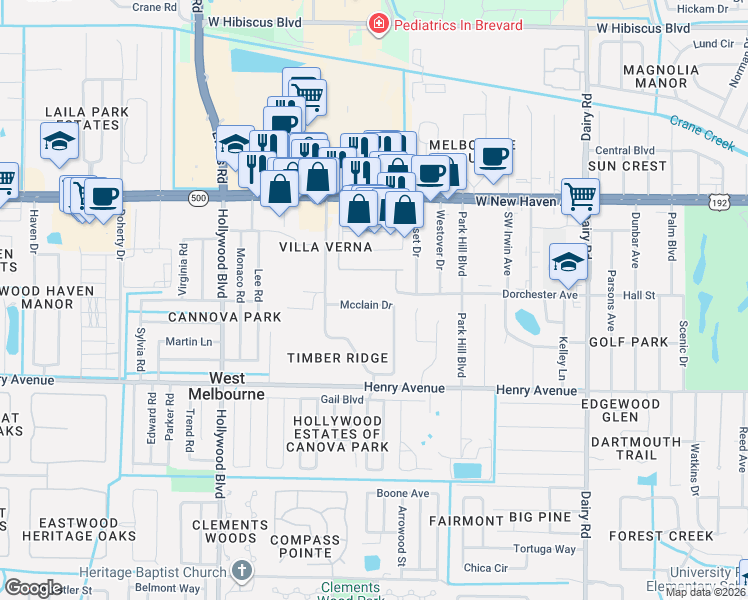 map of restaurants, bars, coffee shops, grocery stores, and more near 287 Mcclain Drive in Melbourne
