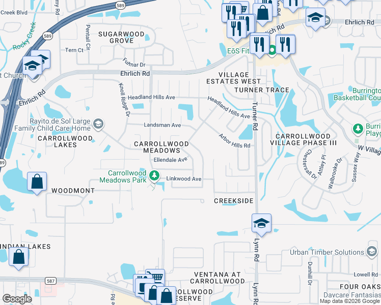 map of restaurants, bars, coffee shops, grocery stores, and more near 13919 Bridgeport Drive in Tampa