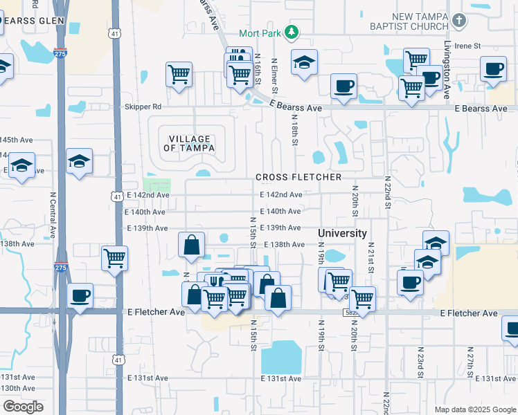 map of restaurants, bars, coffee shops, grocery stores, and more near 14004 North 15th Street in Tampa