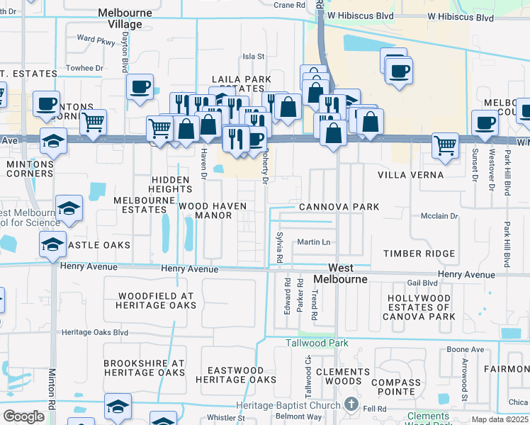 map of restaurants, bars, coffee shops, grocery stores, and more near Doherty Dr in West Melbourne