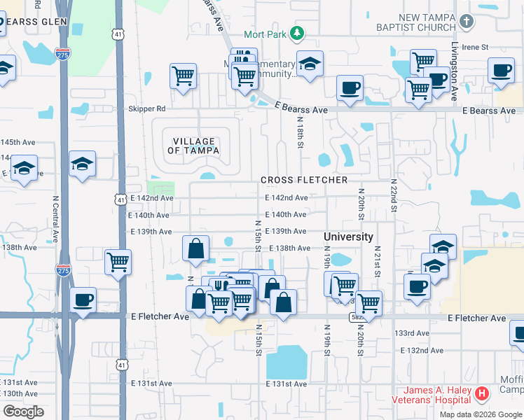 map of restaurants, bars, coffee shops, grocery stores, and more near 14004 North 15th Street in Tampa